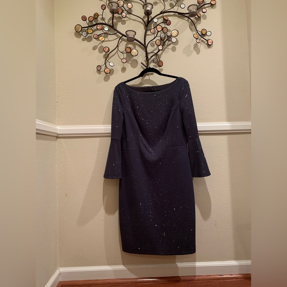 Vince Camuto Shimmery Grey Shift Dress: Boatneck 3/4 Bell Sleeves Knee Length 12